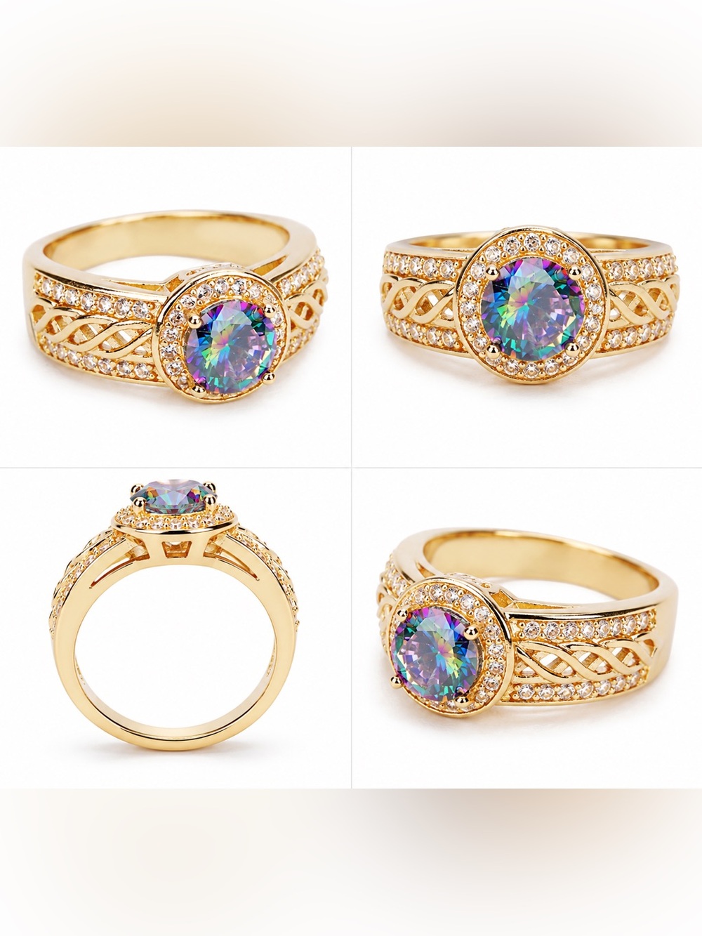 Gold Tone Rainbow Oval Stone Halo Ring Filigree Statement Band (R4) - Picture 5 of 6